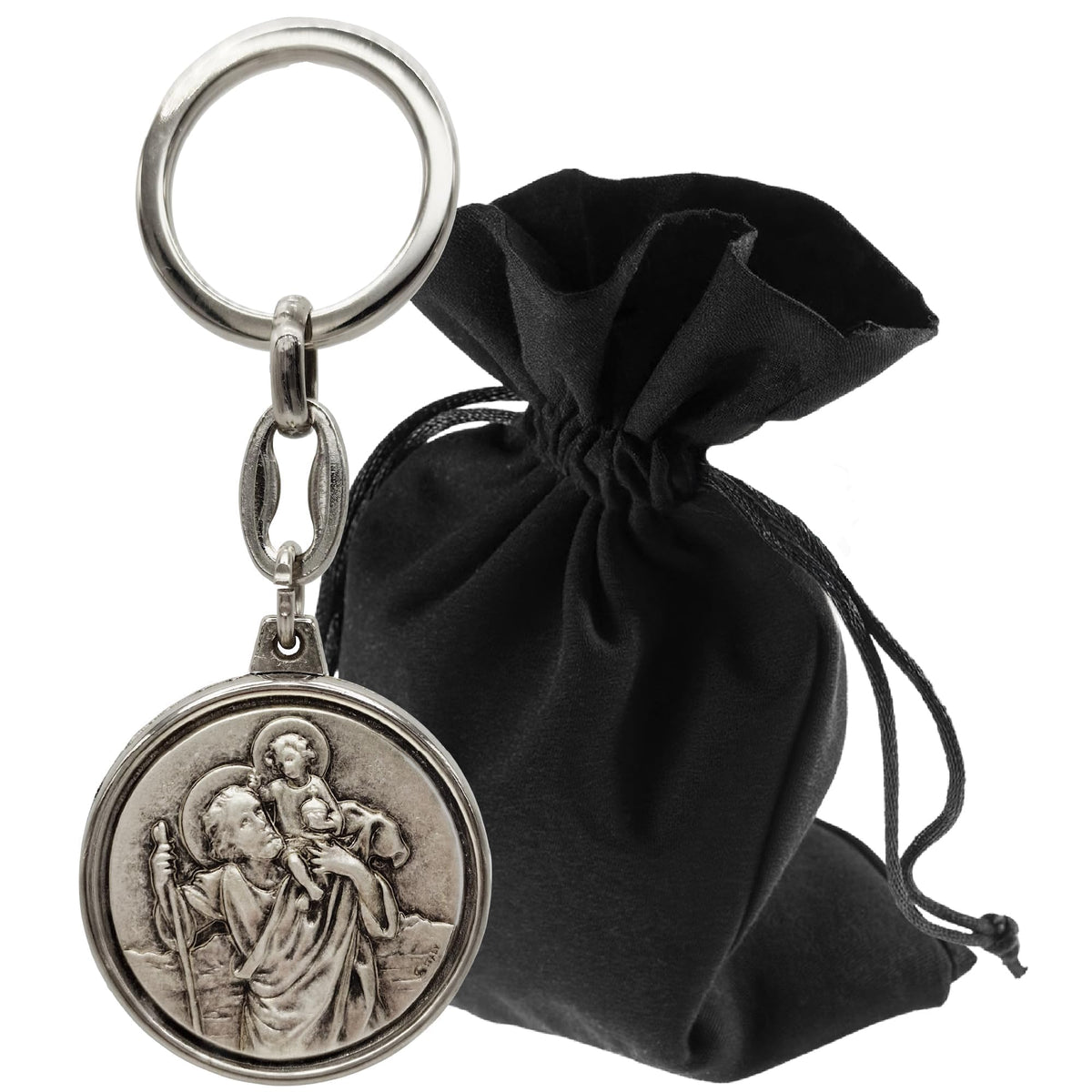 Christophorus Schlüsselanhänger Metall silber Ø 3,5 cm, gesegnet, mit Samtsäckchen