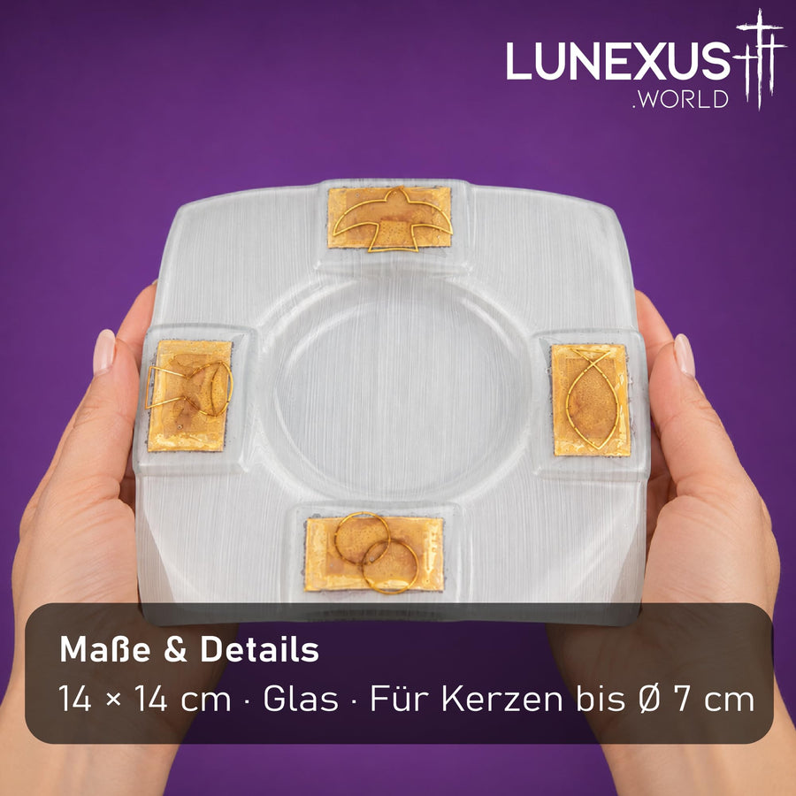 Kerzenteller aus weißem satiniertem Glas 14×14 cm mit goldenen Symbolen Taube, Kelch, Fisch und Ringe – Bild 2