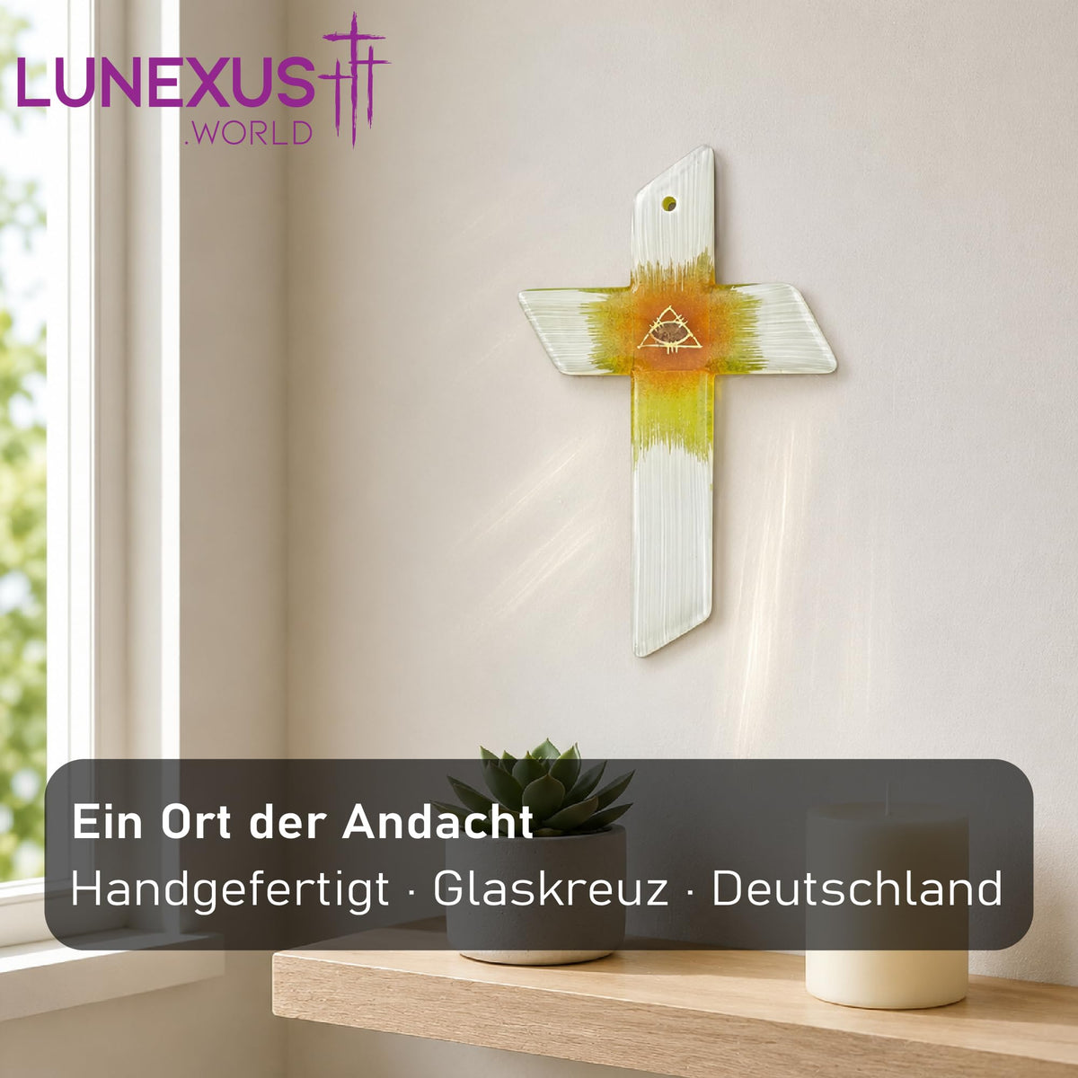 Glaskreuz 22×15 cm mit strukturiertem Gold-Auge in Weiß, Rot und Gold, gesegnet – Bild 3