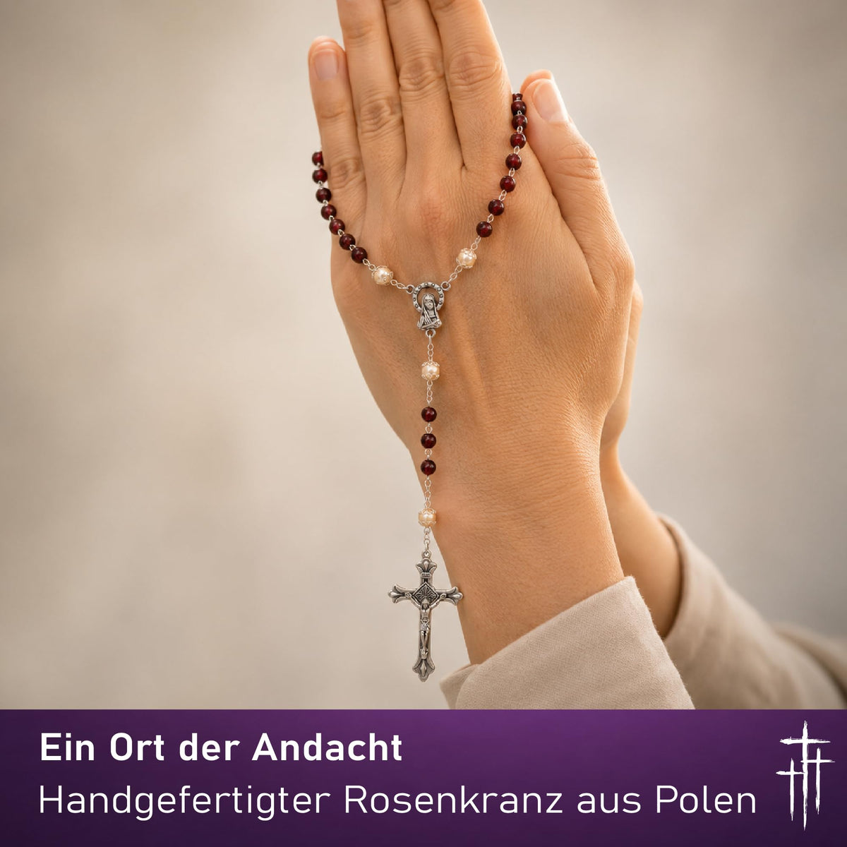 Rosenkranz mit rot marmorierten Glasperlen, 50 cm, Madonnen-Plakette und Kruzifix, gesegnet – Bild 3
