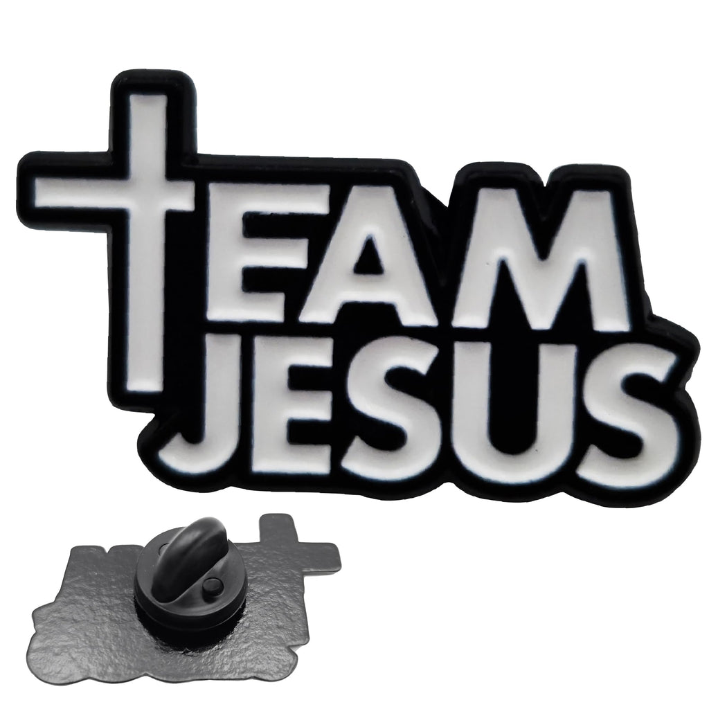 Anstecknadel Team Jesus mit Kreuz-T, schwarz-weiße Emaille, 3,05 x 1,78 cm
