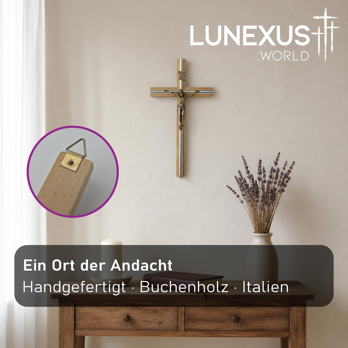 Wandkruzifix aus Buchenholz mit Metallkorpus, INRI-Plakette und Metallstreifen, 28×14 cm, gesegnet – Bild 3