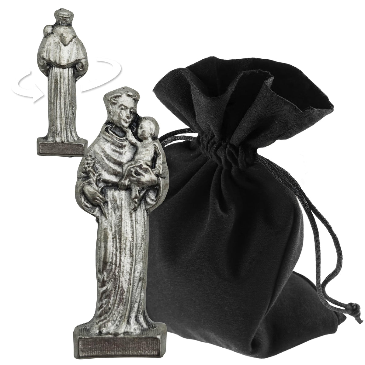 Mini Heiligenfigur Antonius mit Kind, 3 cm, silberfarbenes Metall, mit Schutzhülle