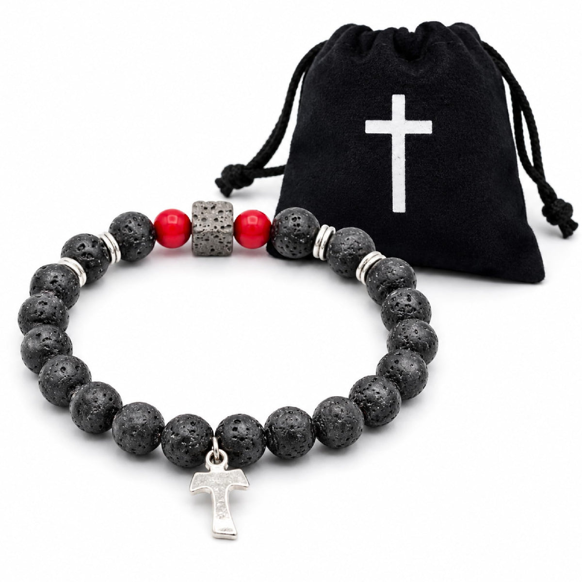 Damen Armband mit Tau-Kreuz aus Lavastein und Naturstein-Perlen, ca. 16 cm, gesegnet – Bild 2