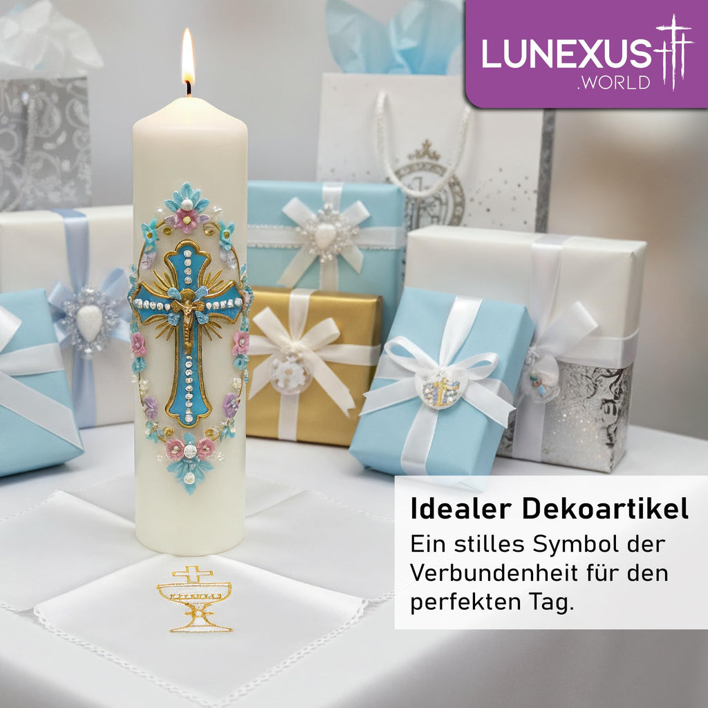 Weißes Kerzentuch 22 × 22 cm mit goldfarbener Stickerei aus Kelch, Hostie und Kreuz und Spitzenrand – Bild 4