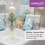 Weißes Kerzentuch 22 × 22 cm mit goldfarbener Stickerei aus Kelch, Hostie und Kreuz und Spitzenrand – Bild 4