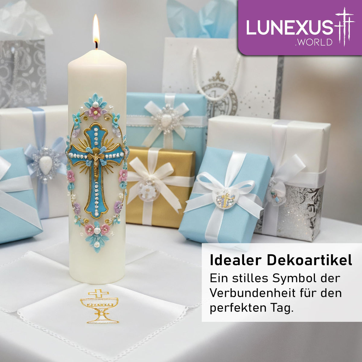 Weißes Kerzentuch 22 × 22 cm mit goldfarbener Stickerei aus Kelch, Hostie und Kreuz und Spitzenrand – Bild 4