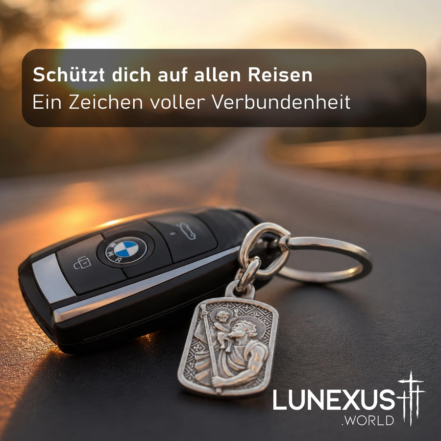 Christophorus Schlüsselanhänger Metall silber 8 cm, gesegnet, mit schwarzem Samtbeutel – Bild 7