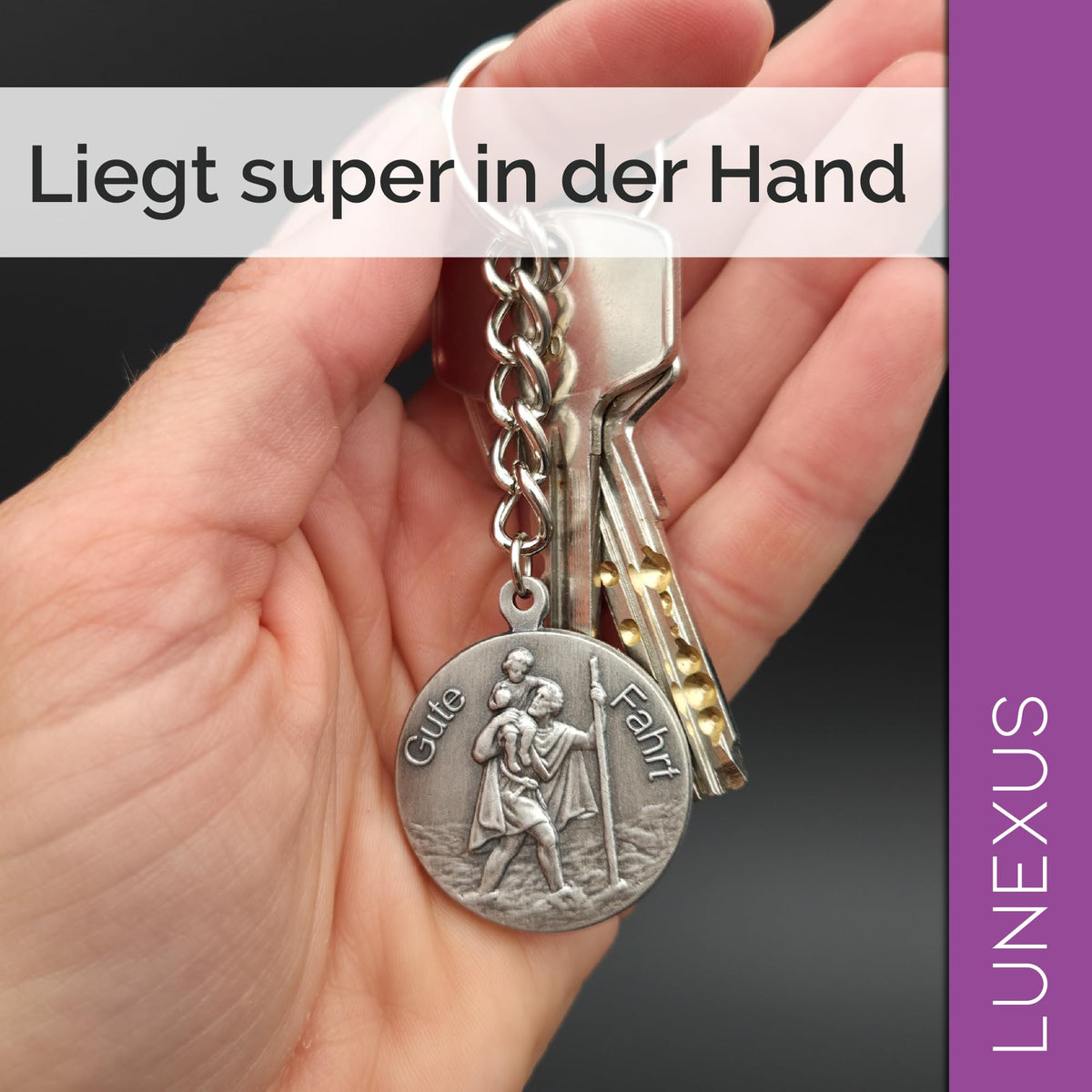 Christophorus Schlüsselanhänger Gute Fahrt, Antik-Silber, 9 cm, gesegnet, mit Samtbeutel – Bild 6
