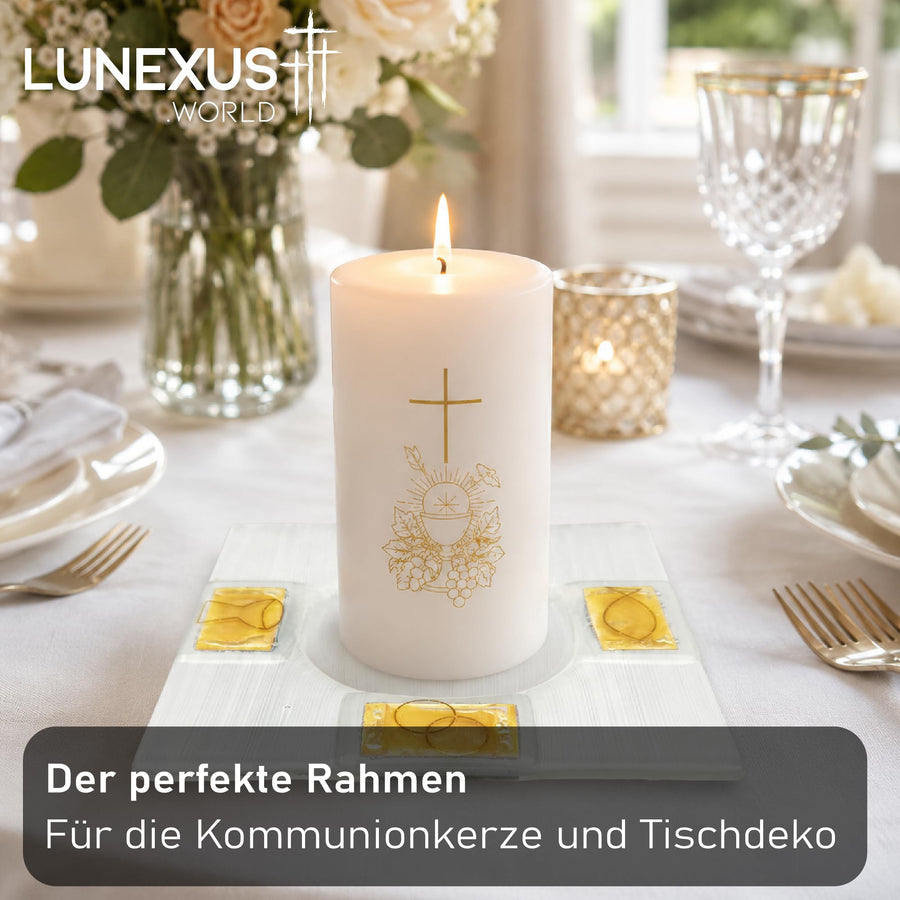 Kerzenteller aus weißem Glas 14×14 cm mit goldenen Kommunion-Symbolen Kreuz, Hostie, Kelch und Trauben – Bild 4