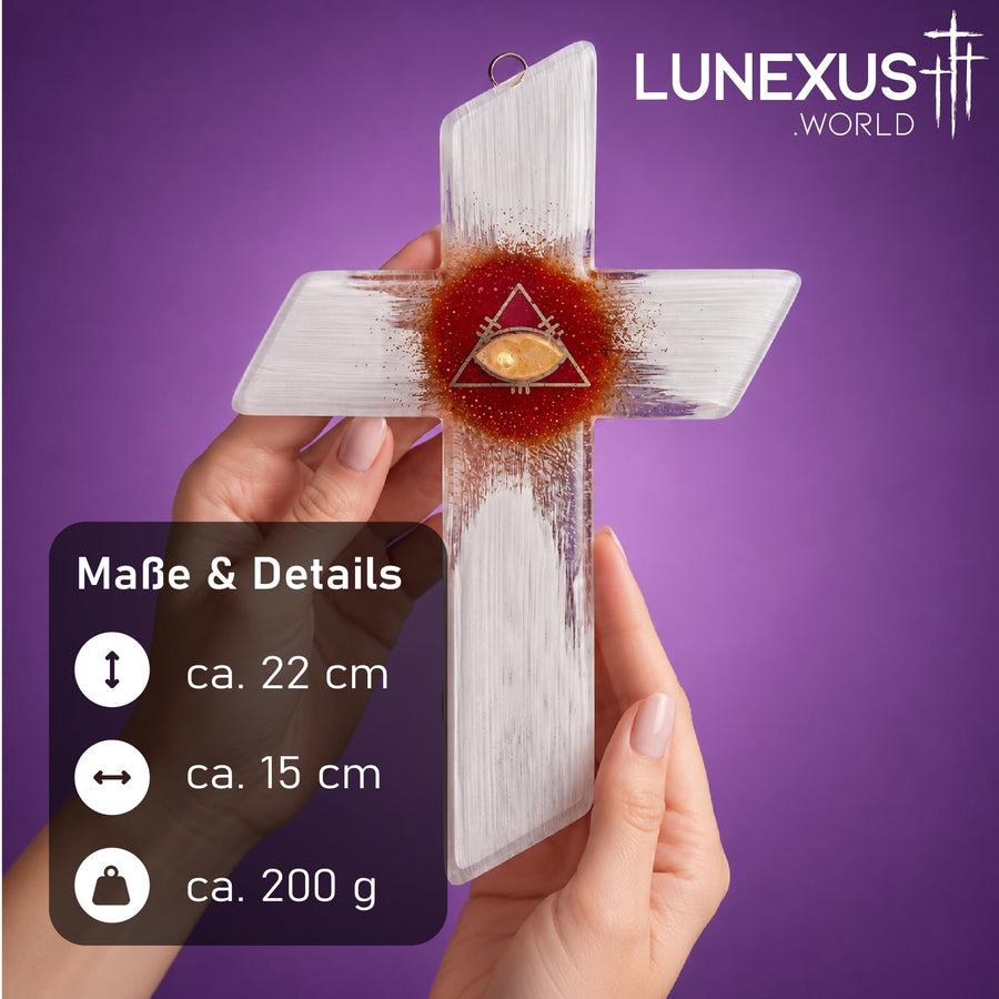 Croix en verre 22 × 15 cm avec œil de la Providence doré, blanc, rouge et or, bénite – image 2