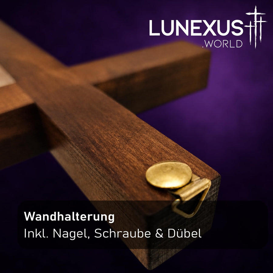 Wandkreuz aus dunkelbraunem Buchenholz mit silberfarbenen Einlagen, gesegnet, zwei Größen – Bild 7