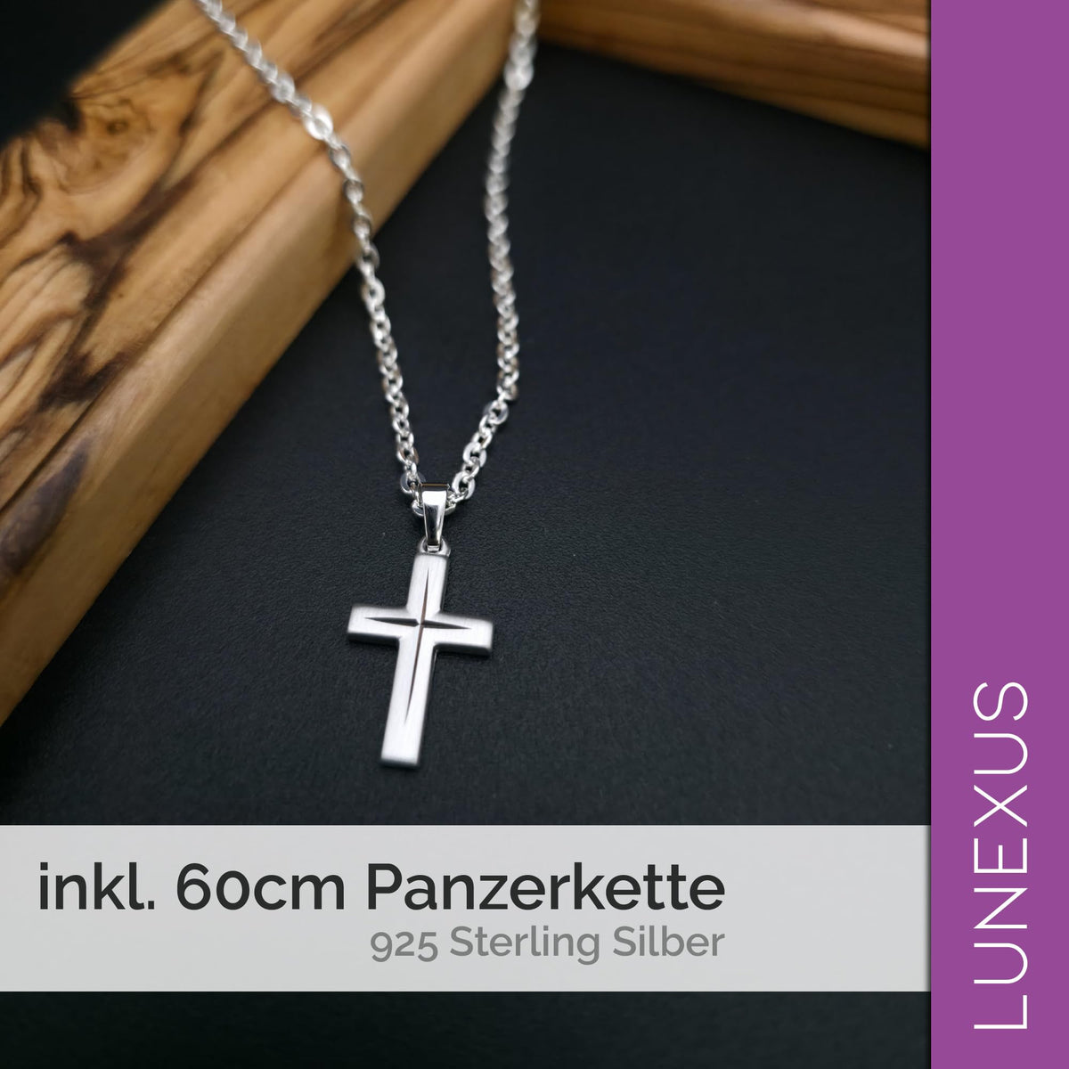 Kreuzkette 925 Sterling Silber rhodiniert, Kreuzanhänger 2,5 cm, Panzerkette 60 cm, gesegnet – Bild 5
