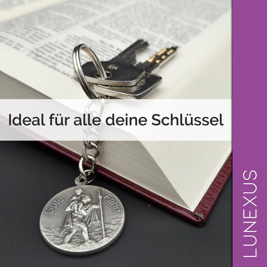 Porte-clés saint Christophe « Gute Fahrt », argent vieilli, 9 cm, bénit, avec pochette en velours – image 5