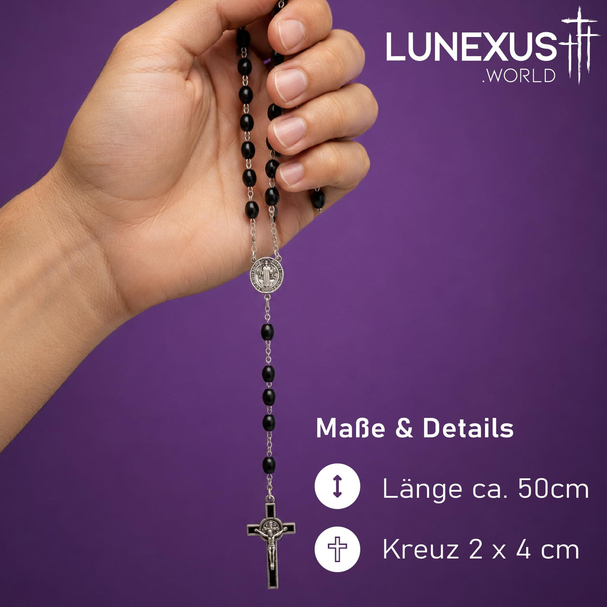 Benediktus-Rosenkranz mit schwarzen ovalen Holzperlen, 50 cm, Medaille und emailliertes Kruzifix – Bild 2