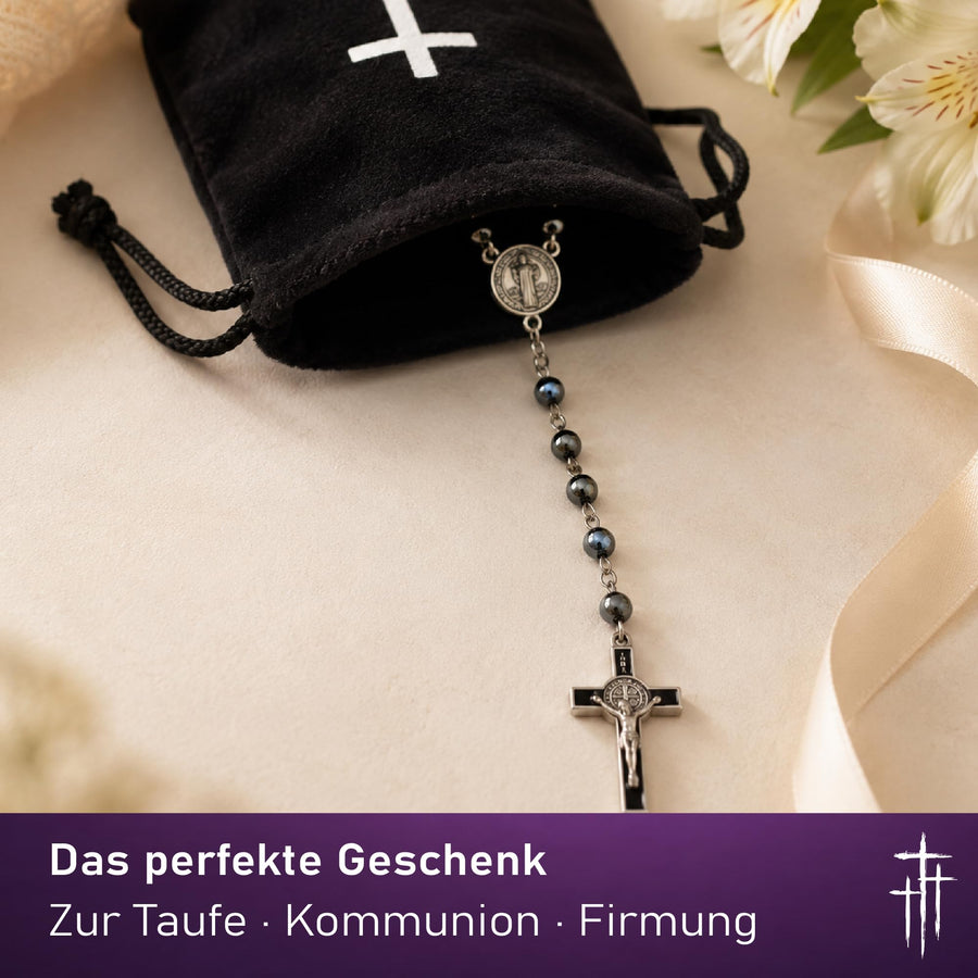 Chapelet en hématite avec crucifix de saint Benoît et médaille, env. 50 cm, bénit – image 6