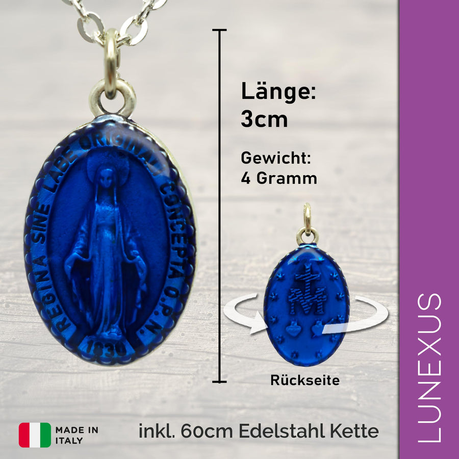 Collier Vierge Marie avec Médaille miraculeuse bleue 3 cm, chaîne en acier inoxydable 60 cm, bénit – image 2
