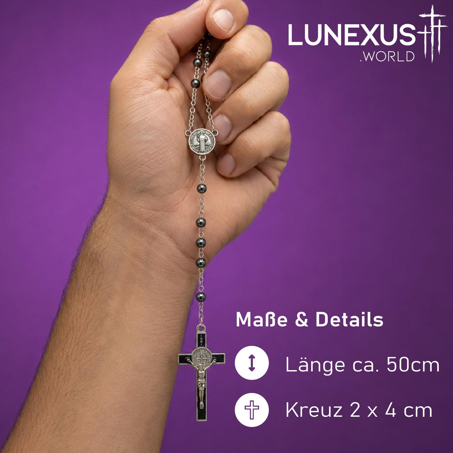 Chapelet en hématite avec crucifix de saint Benoît et médaille, env. 50 cm, bénit – image 2