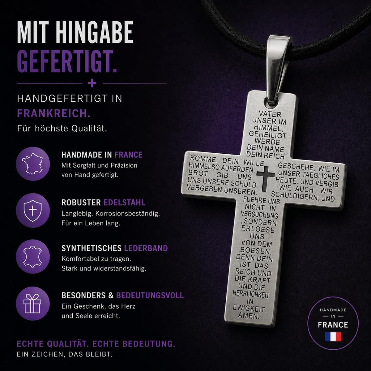 Kreuzkette aus Edelstahl mit Vaterunser-Gravur, Kreuz 3 × 2 cm, schwarzes Band, gesegnet – Bild 4
