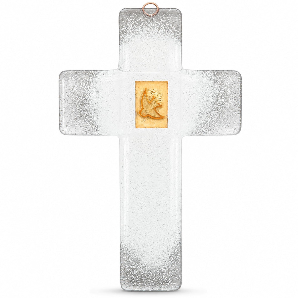 Glaskreuz 21×12,5 cm weiß-transparent mit goldener Taube auf Plakette, gesegnet