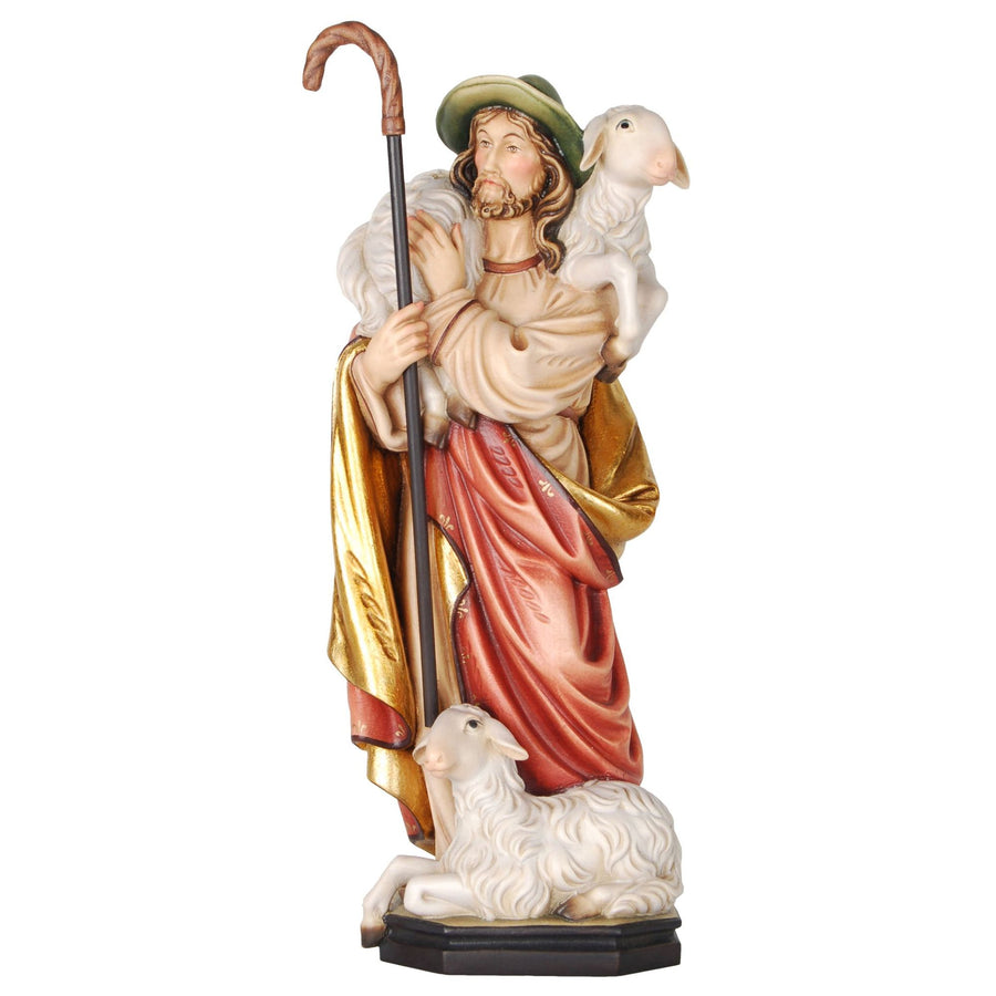 Jesus als Guter Hirte – handgeschnitzte Holzfigur, Ausführung handbemalt