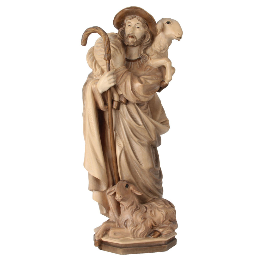 Jesus als Guter Hirte – handgeschnitzte Holzfigur, Ausführung mehrfarbig gebeizt