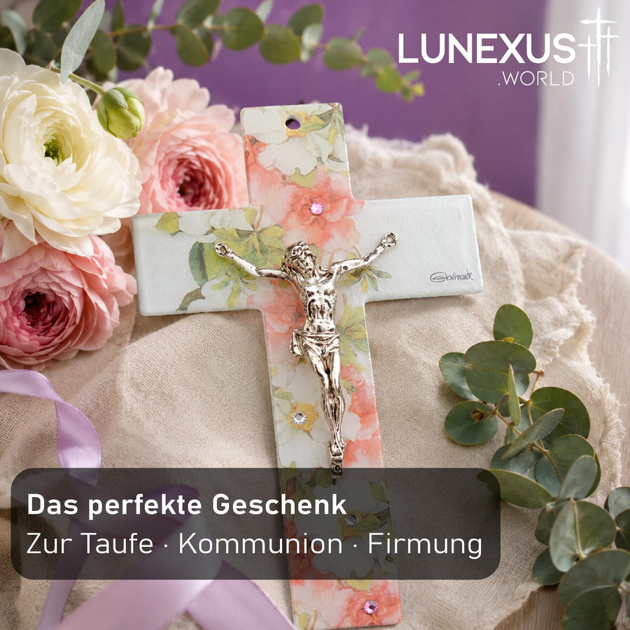 Glaskreuz 16 × 10 cm in Weiß und Orange mit Jesus-Korpus, Strass und floralem Dekor, gesegnet – Bild 6