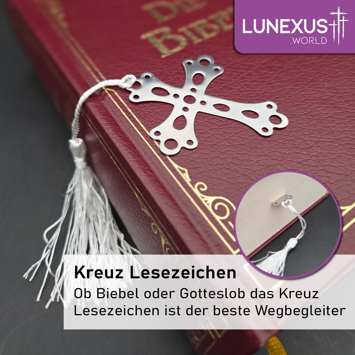Kreuz-Lesezeichen aus silberfarbenem Metall, 7 × 6 cm, mit weißer Kordel und Quaste – Bild 5