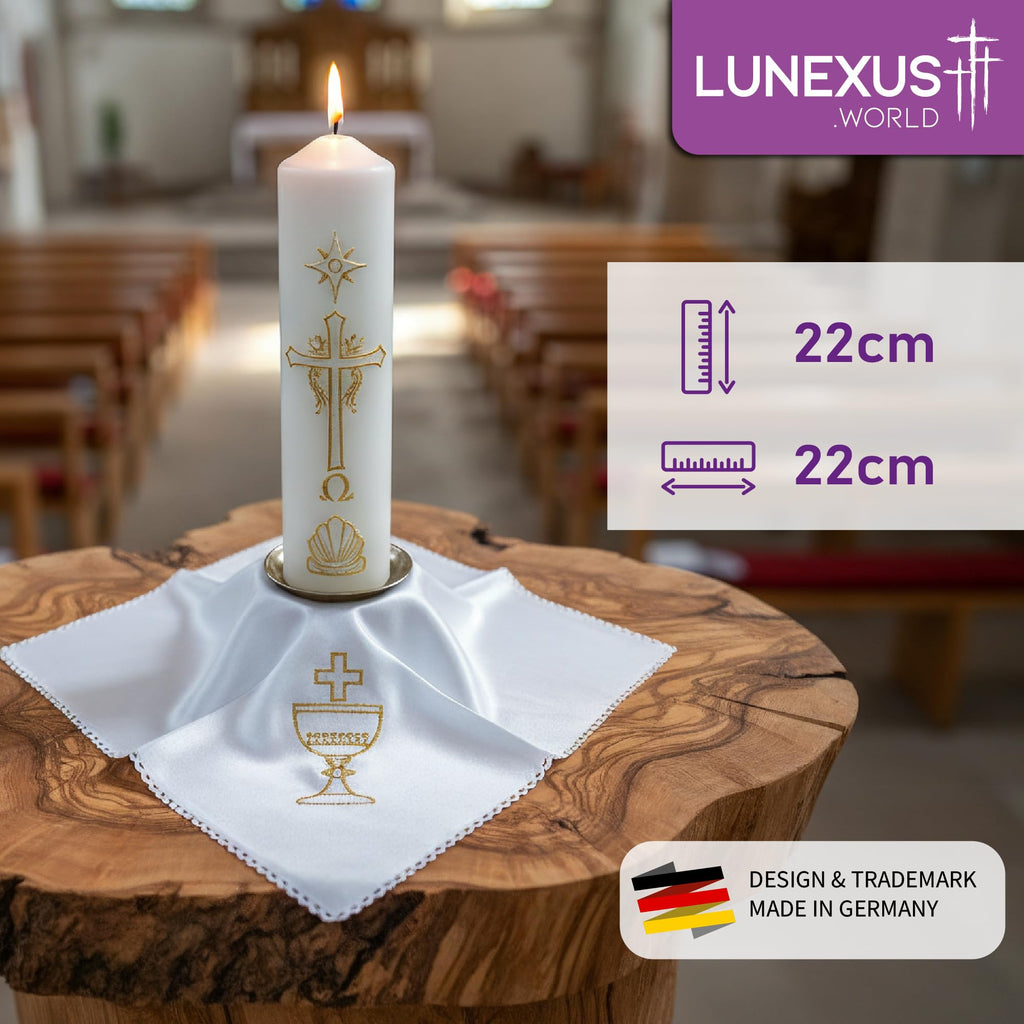 Weißes Kerzentuch 22 × 22 cm mit goldfarbener Stickerei aus Kelch, Hostie und Kreuz und Spitzenrand – Bild 2