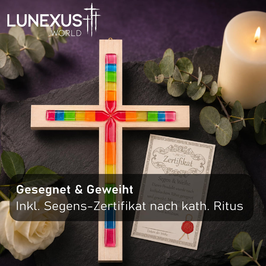 Wandkreuz aus Buchenholz mit Regenbogen-Glaseinsätzen, 20×15 cm, gesegnet – Bild 3