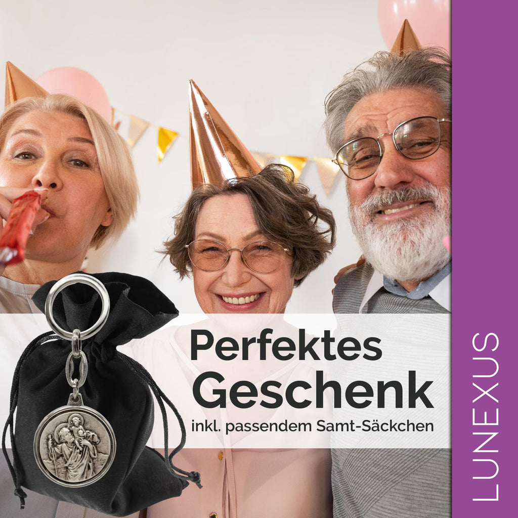 Christophorus Schlüsselanhänger Metall silber Ø 3,5 cm, gesegnet, mit Samtsäckchen – Bild 4