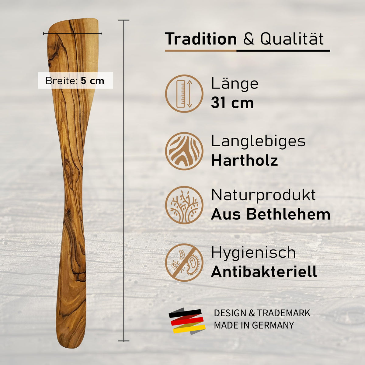 Pfannenwender aus Olivenholz, 31 cm, mit natürlicher Maserung – Bild 2