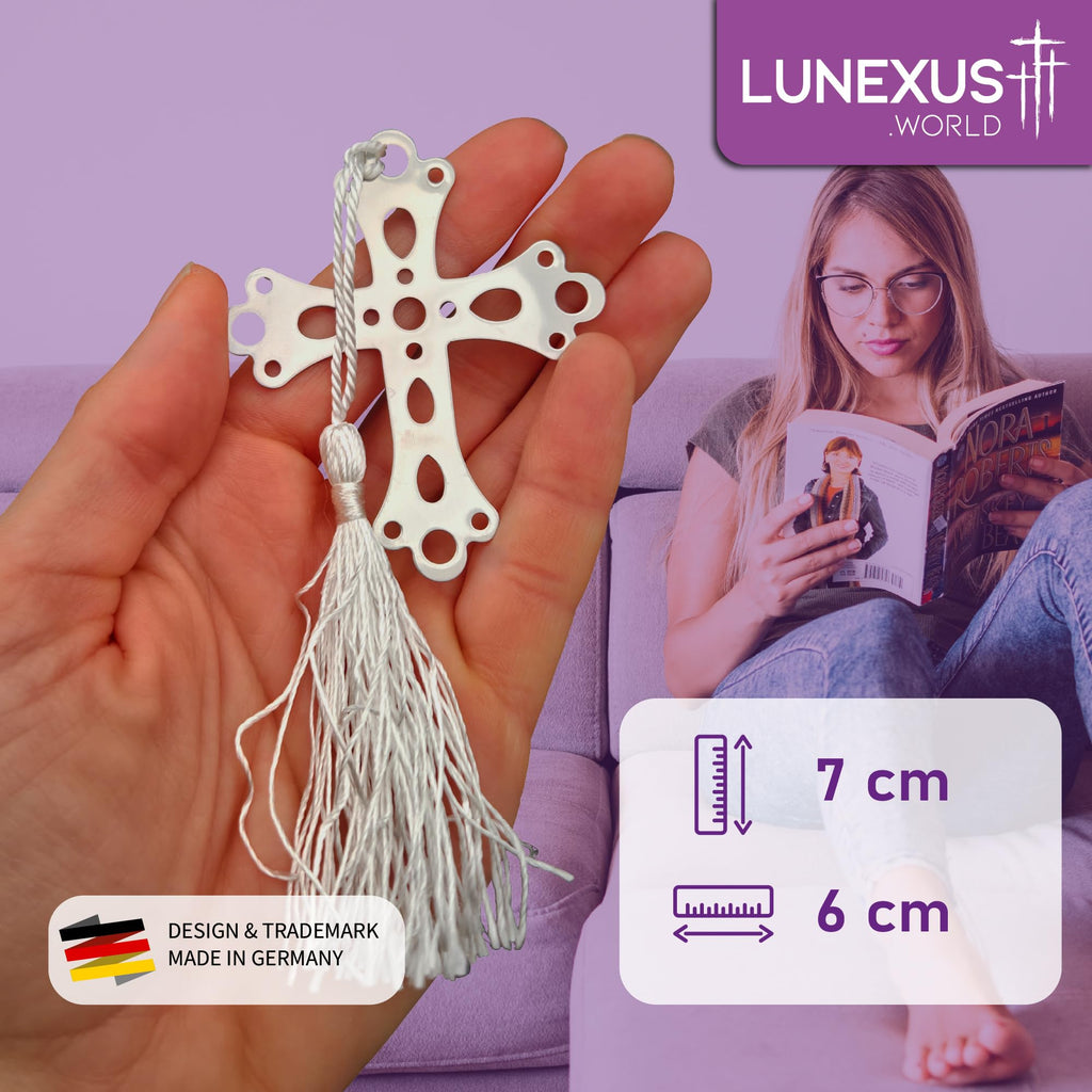 Kreuz-Lesezeichen aus silberfarbenem Metall, 7 × 6 cm, mit weißer Kordel und Quaste – Bild 2