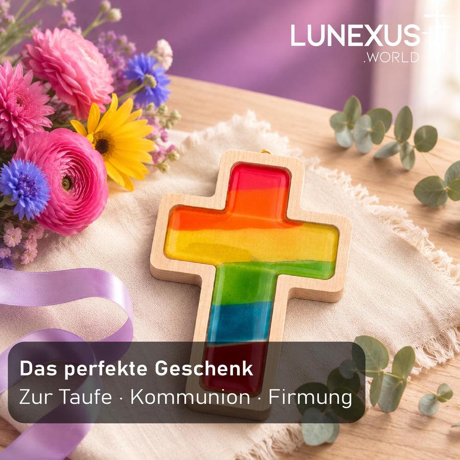 Wandkreuz aus Buchenholz mit Glaskern in Regenbogenfarben, 17×12 cm, gesegnet – Bild 6