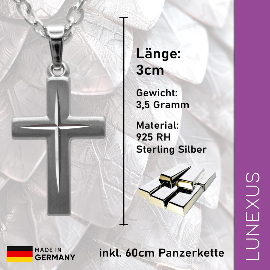 Collier croix en argent sterling 925 rhodié, pendentif croix 2,5 cm, chaîne maille forçat 60 cm, bénit – image 2
