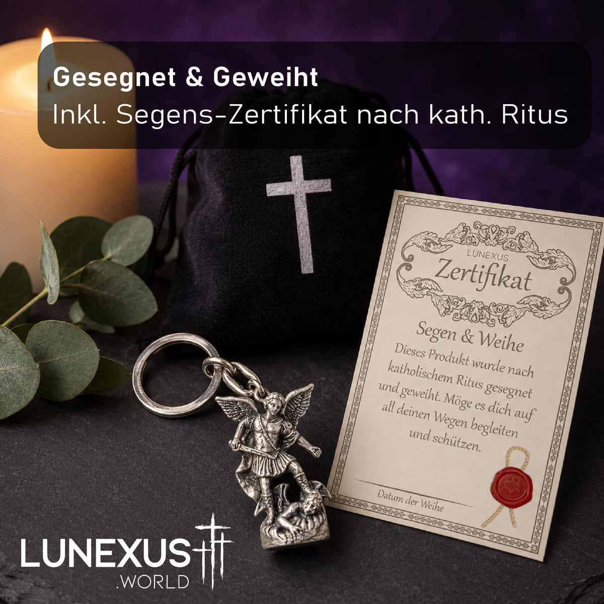 Schutzengel Schlüsselanhänger 3D-Figur Metall antik 8,5 cm, gesegnet, mit Samtbeutel – Bild 3