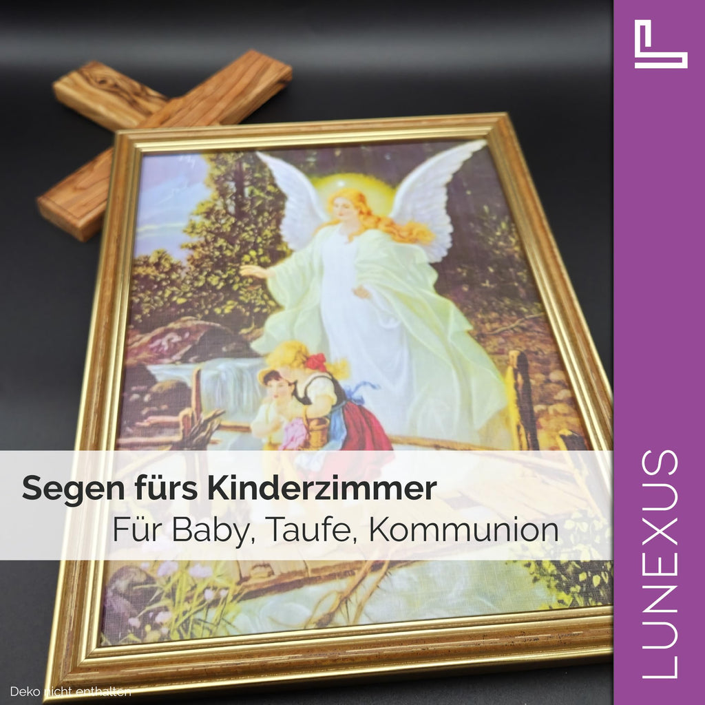 Schutzengel Wandbild im Holzrahmen: Engel führt zwei Kinder über eine Brücke – Bild 7