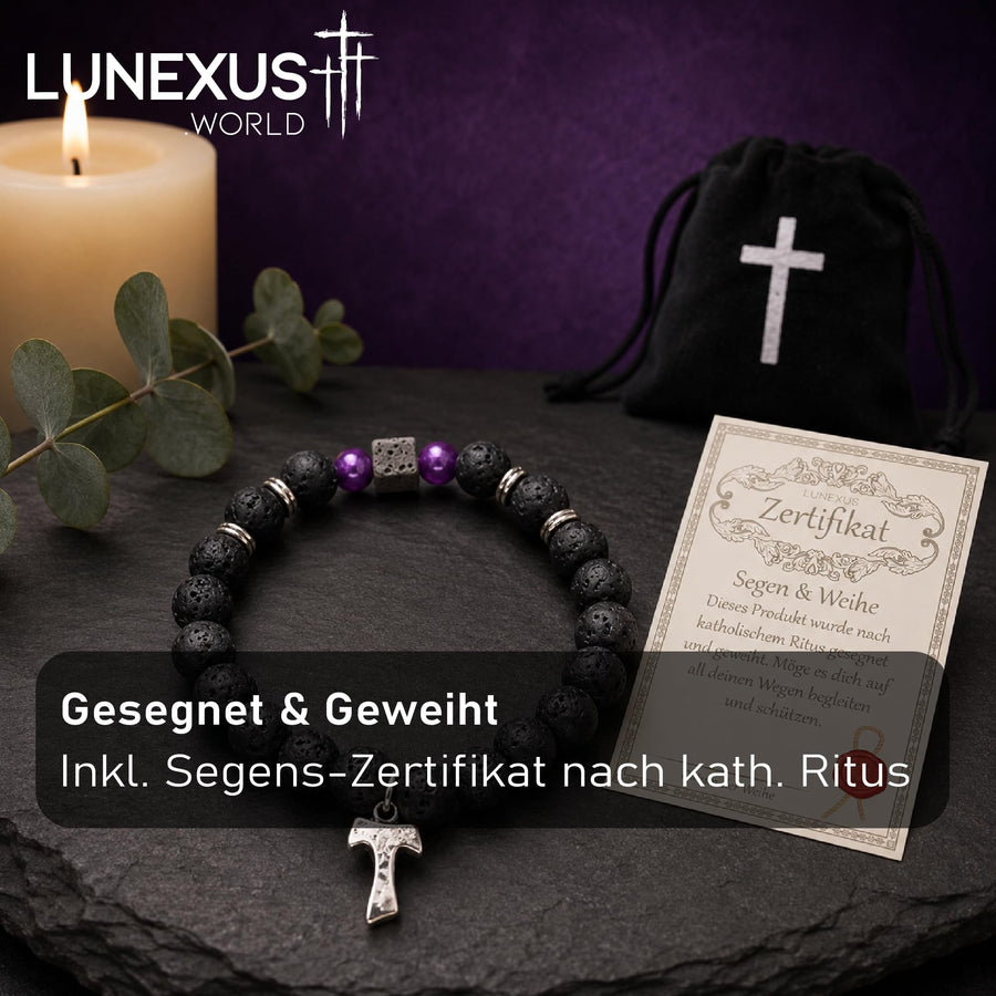 Damen Armband mit Tau-Kreuz aus Lavastein und Naturstein-Perlen, ca. 16 cm, gesegnet – Bild 9