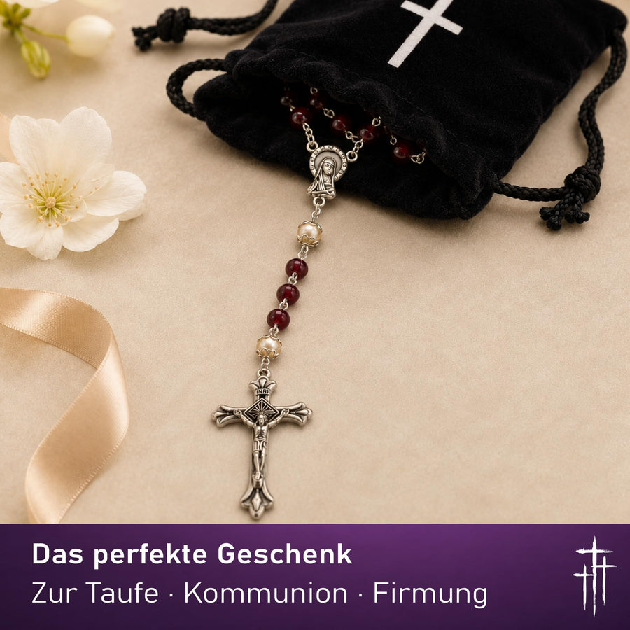 Rosenkranz mit rot marmorierten Glasperlen, 50 cm, Madonnen-Plakette und Kruzifix, gesegnet – Bild 6