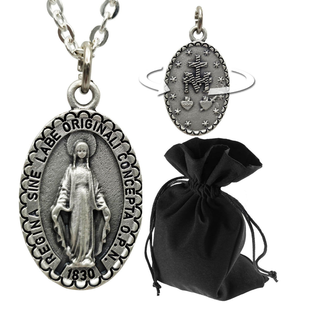 Marienkette Antik-Silber matt, Anhänger 2,4 cm, Ankerkette 60 cm, Edelstahl, gesegnet