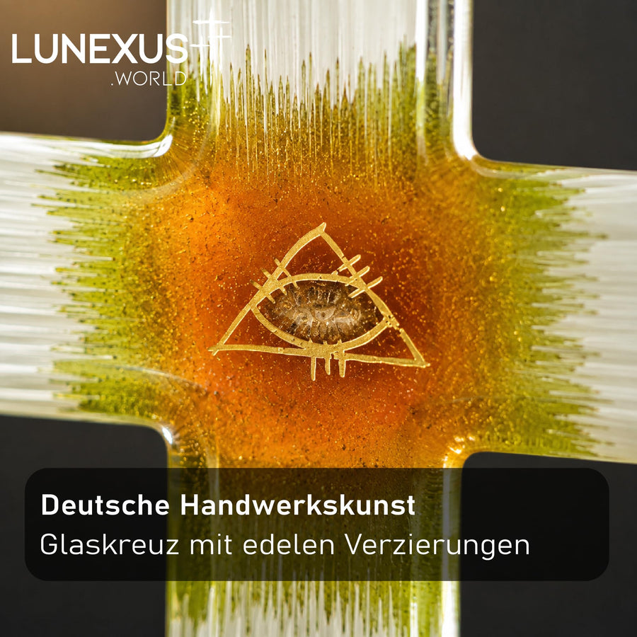 Glaskreuz 22×15 cm mit strukturiertem Gold-Auge in Weiß, Rot und Gold, gesegnet – Bild 5