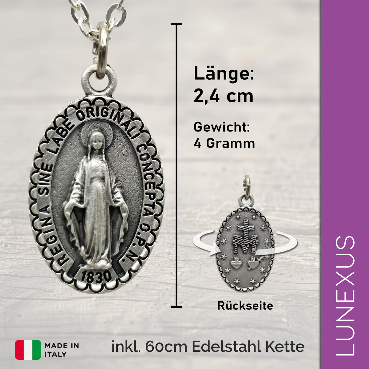 Marienkette Antik-Silber matt, Anhänger 2,4 cm, Ankerkette 60 cm, Edelstahl, gesegnet – Bild 2