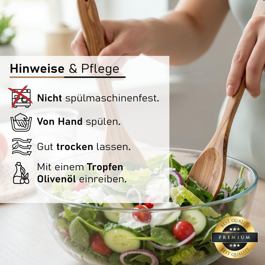 Salatbesteck aus Olivenholz, 32 cm, Salatlöffel und -gabel mit natürlicher Maserung – Bild 4