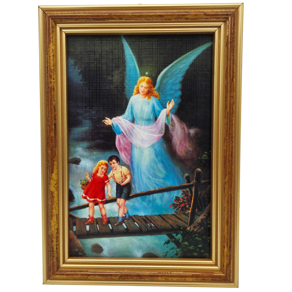 Schutzengelbild im goldenen Holzrahmen: Engel führt zwei Kinder über nächtliche Brücke – Bild 2