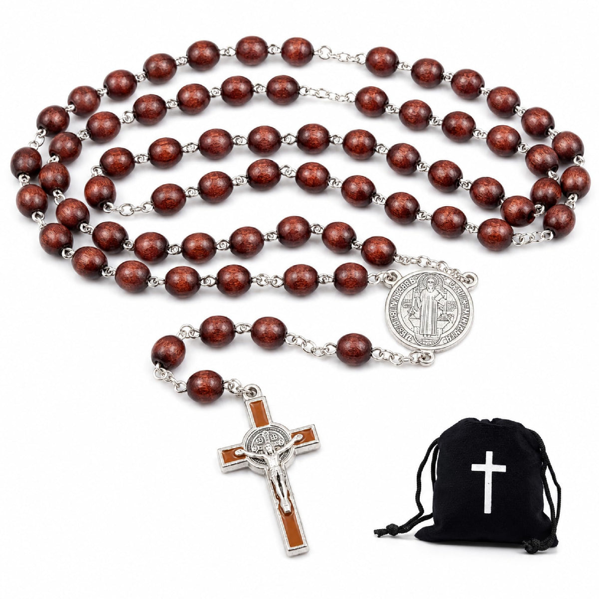 Rosenkranz aus 59 dunkelbraunen Holzperlen mit Benediktus-Medaille und emailliertem Kreuz, 50 cm