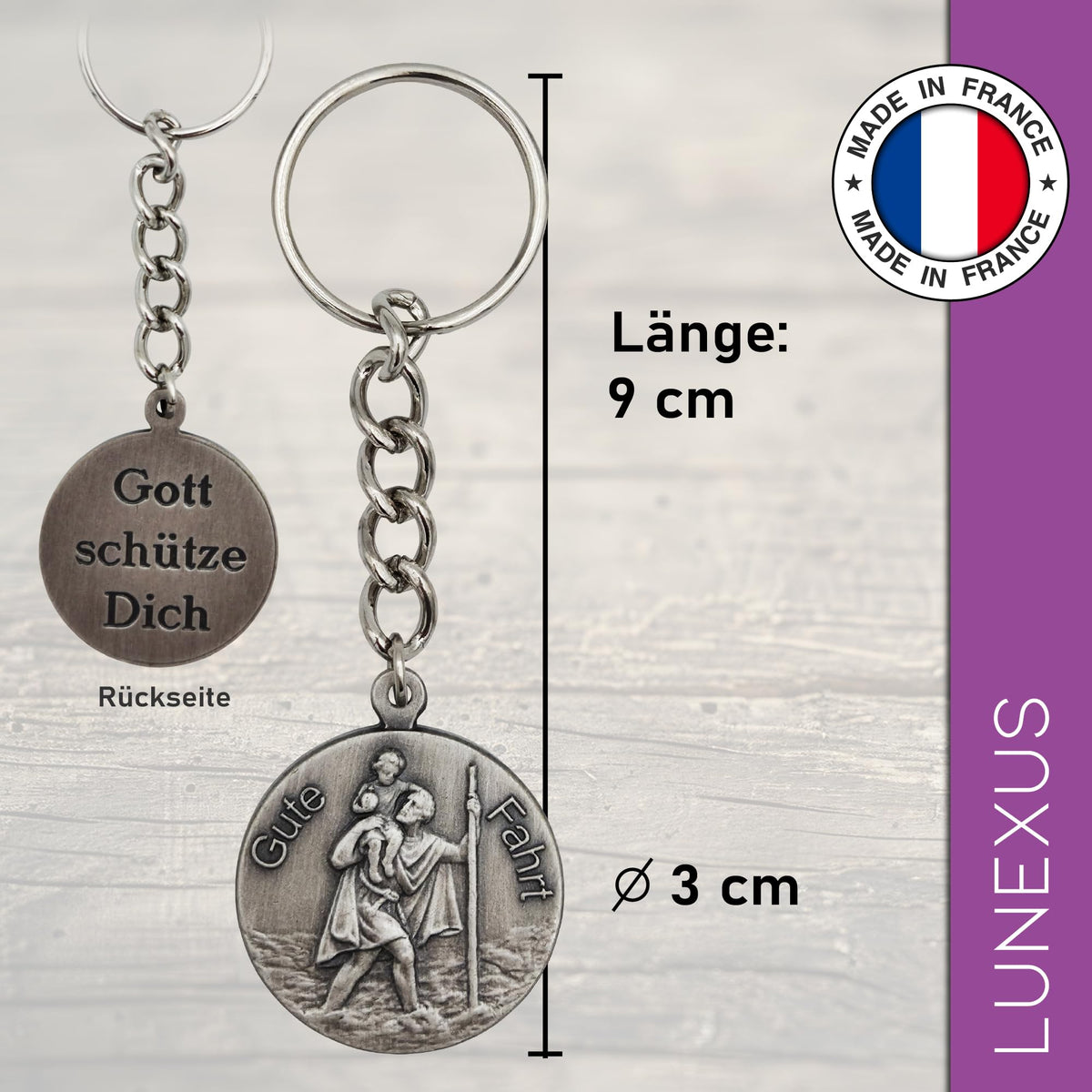 Christophorus Schlüsselanhänger Gute Fahrt, Antik-Silber, 9 cm, gesegnet, mit Samtbeutel – Bild 2