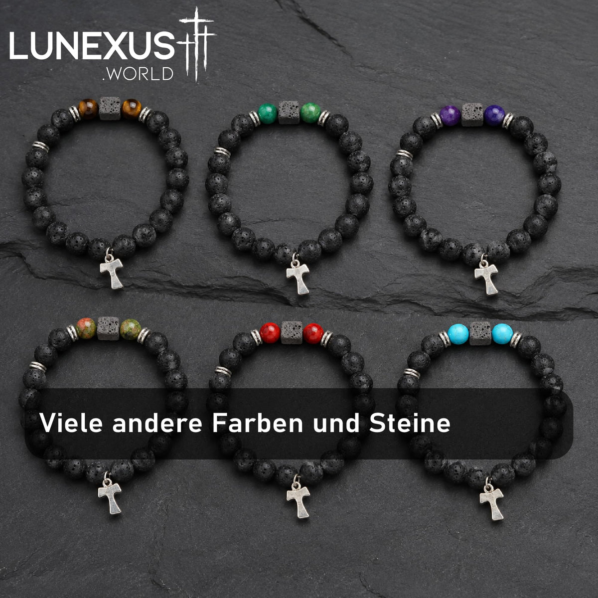 Damen Armband mit Tau-Kreuz aus Lavastein und Naturstein-Perlen, ca. 16 cm, gesegnet – Bild 8