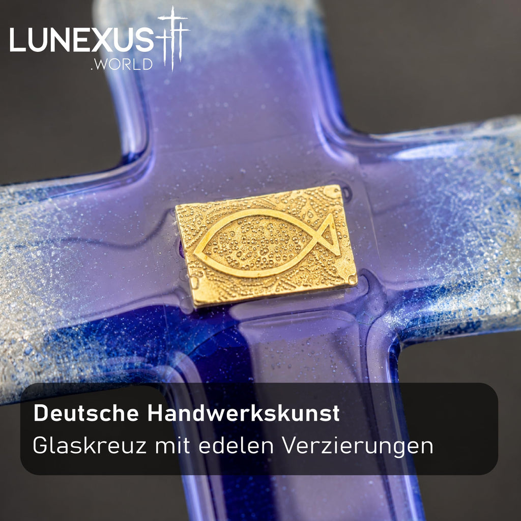 Glaskreuz in Blau mit goldenem Fischsymbol, 21 x 14 cm, Wandkreuz – Bild 5