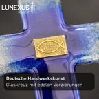 Glaskreuz in Blau mit goldenem Fischsymbol, 21 x 14 cm, Wandkreuz – Bild 5