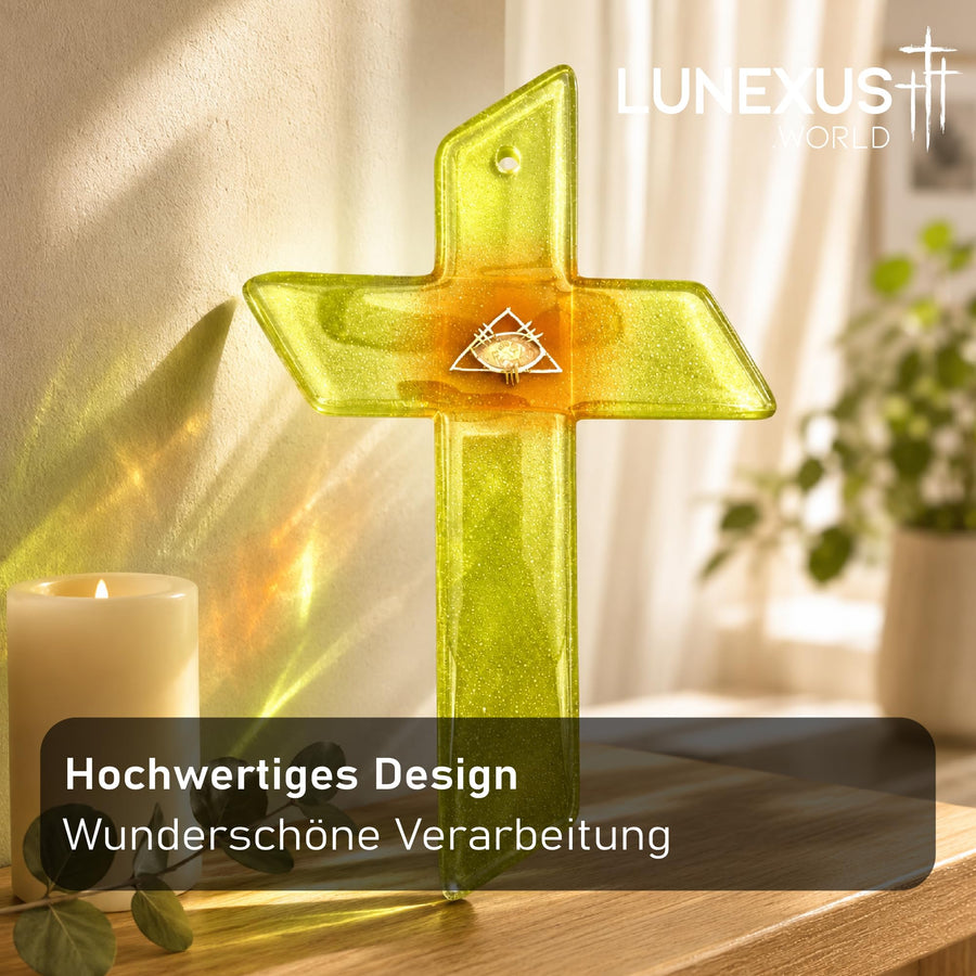Glaskreuz 24×15 cm mit Auge-Symbol in Weiß und Orange mit Glitzer, gesegnet – Bild 8